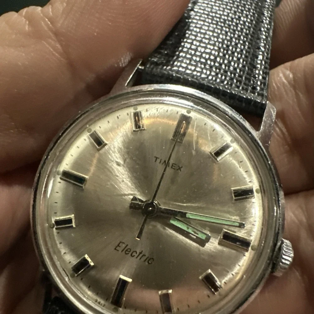 Works Vintage 1970 Timex Electric Mens watch Quartz Silver 34mm New Strap Fit 8